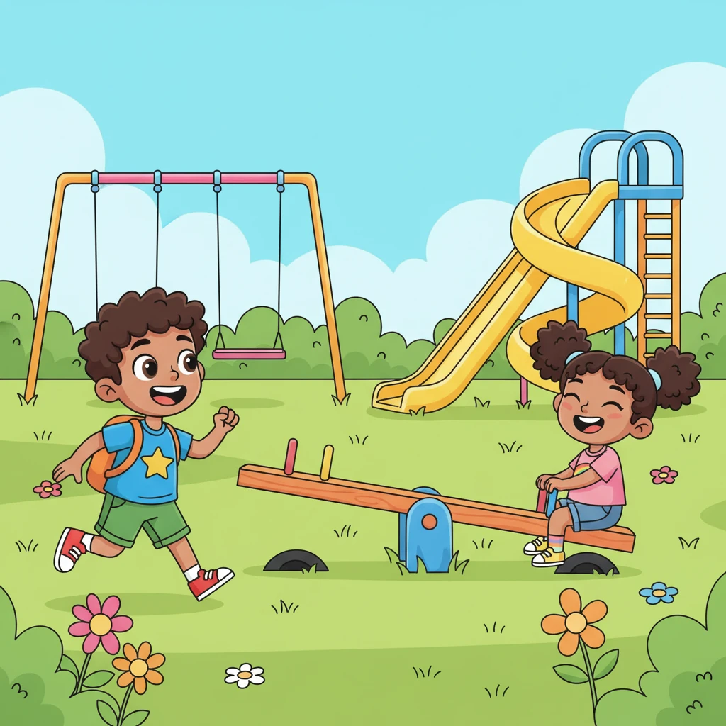 The park was a burst of green and bright colors, with swings soaring high and a slide twisting down. Leo spotted his friend, Mia, already giggling on the seesaw. "Mia!" he shouted, running over with a joyful bounce.