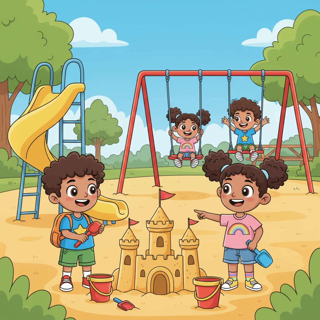 Leo and Mia spent a wonderful hour playing. They took turns pushing each other on the swings, racing down the slide, and building a magnificent sandcastle together. The park was their favorite place to make memories.