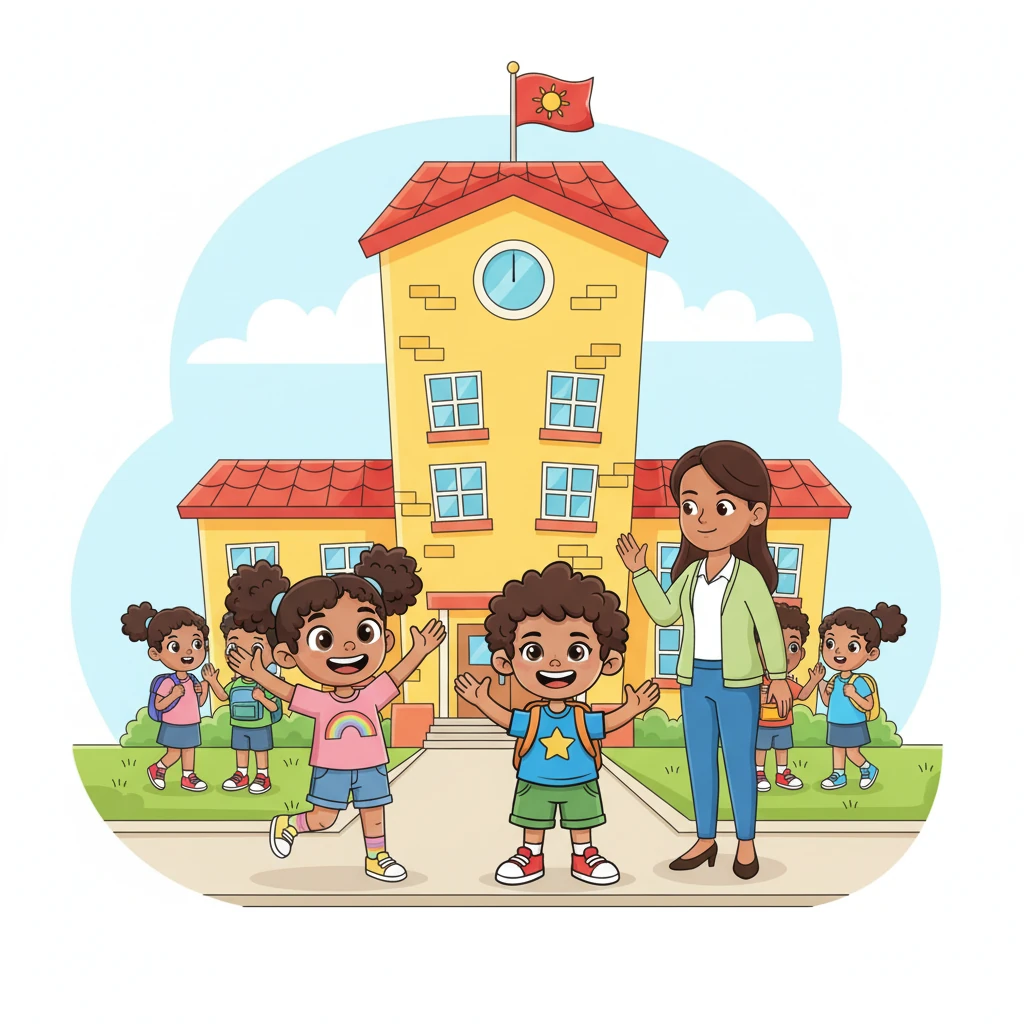 The school building stood tall and welcoming, with a cheerful flag waving in the breeze. Classmates were already gathering, their backpacks bouncing. Leo and Mia waved to their teacher, Ms. Lily, who greeted them with a warm smile.