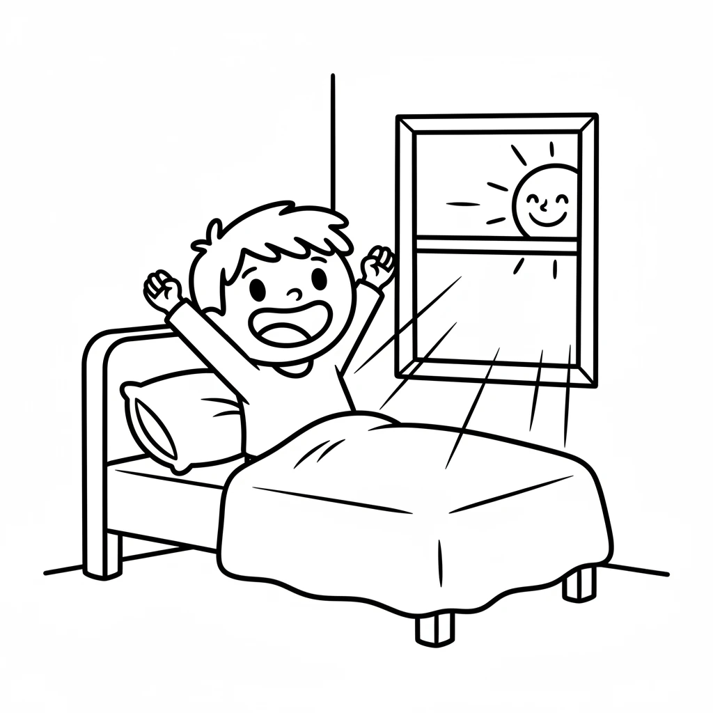 Pip wakes up in a simple, cozy bed, a big smile on their round face. A single, happy sun peeks from a window, filling the room with light. Pip stretches, ready for the day ahead.