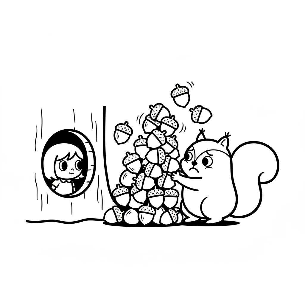 Pip peeks out and sees Rosie the squirrel. Rosie has a huge, wobbly pile of acorns and looks very tired, struggling to move them all. Her little brow is furrowed with worry.