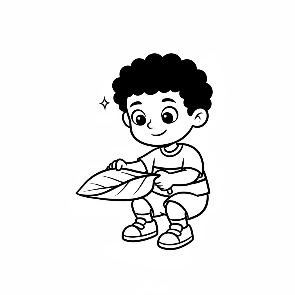 Pip has a bright idea! Pip finds a large, sturdy leaf and carefully folds it into a simple scoop shape. A tiny spark of cleverness shines in Pip's eyes.