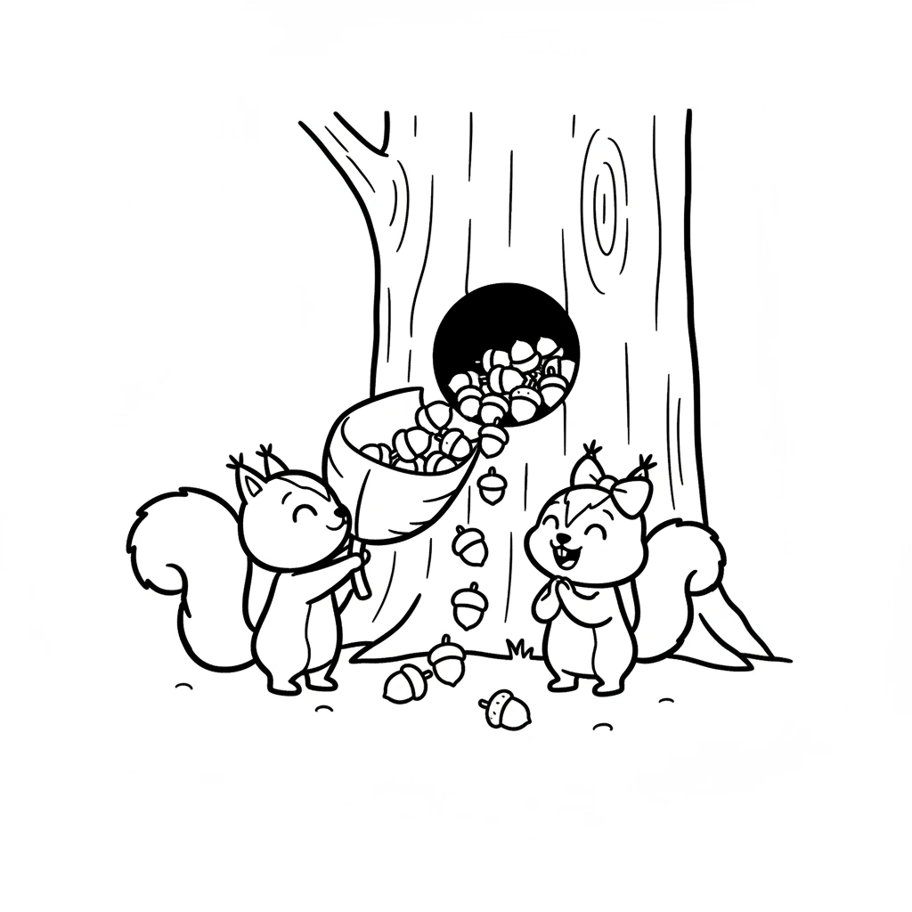 With the leaf scoop, Pip helps Rosie quickly move all the acorns into her cozy tree hole. Rosie beams with thanks, her acorn troubles now an easy memory thanks to Pip's help.