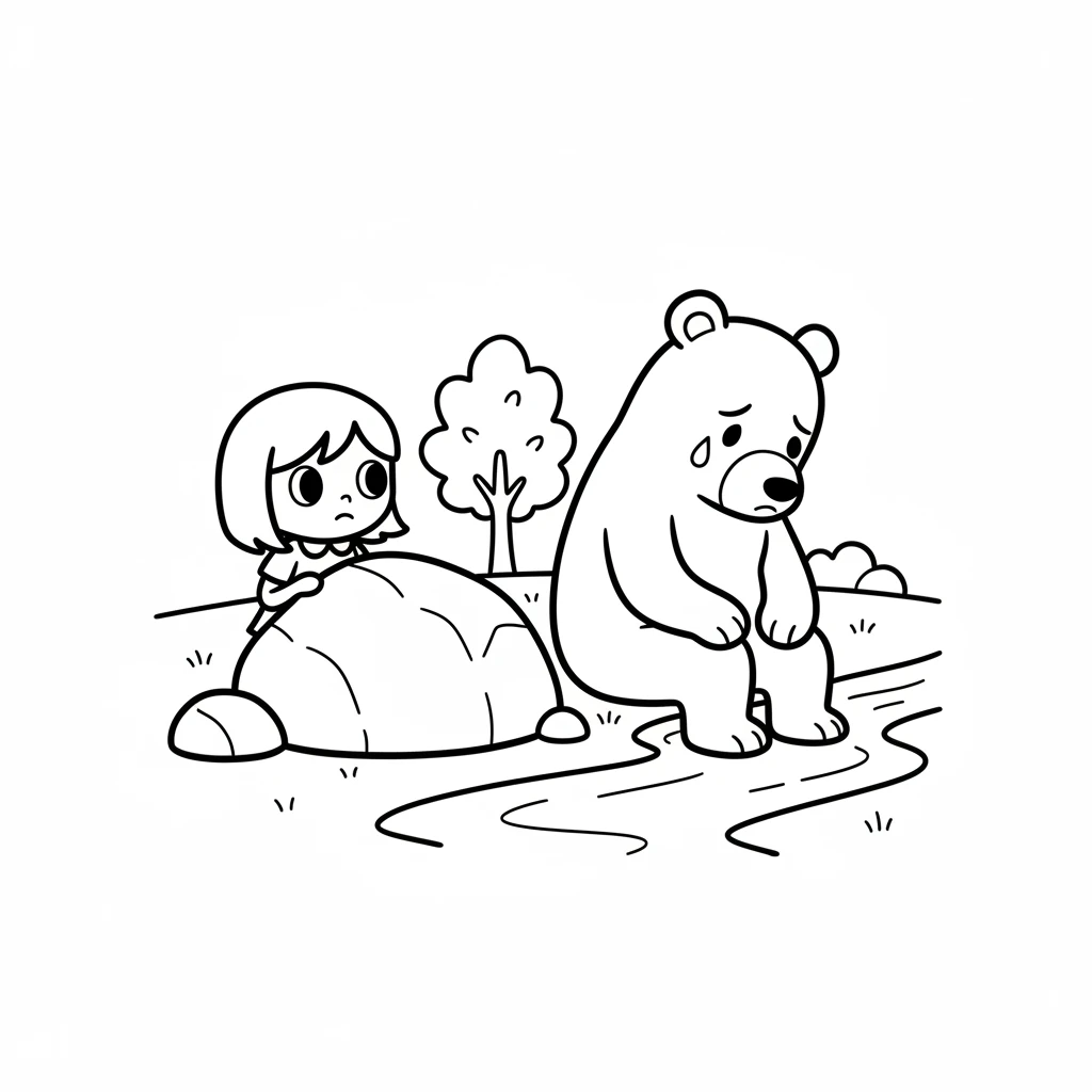 Later, Pip spots Barnaby the bear sitting by a quiet stream, looking very sad. Barnaby's shoulders are slumped, and a tear might even be rolling down their big, furry cheek.