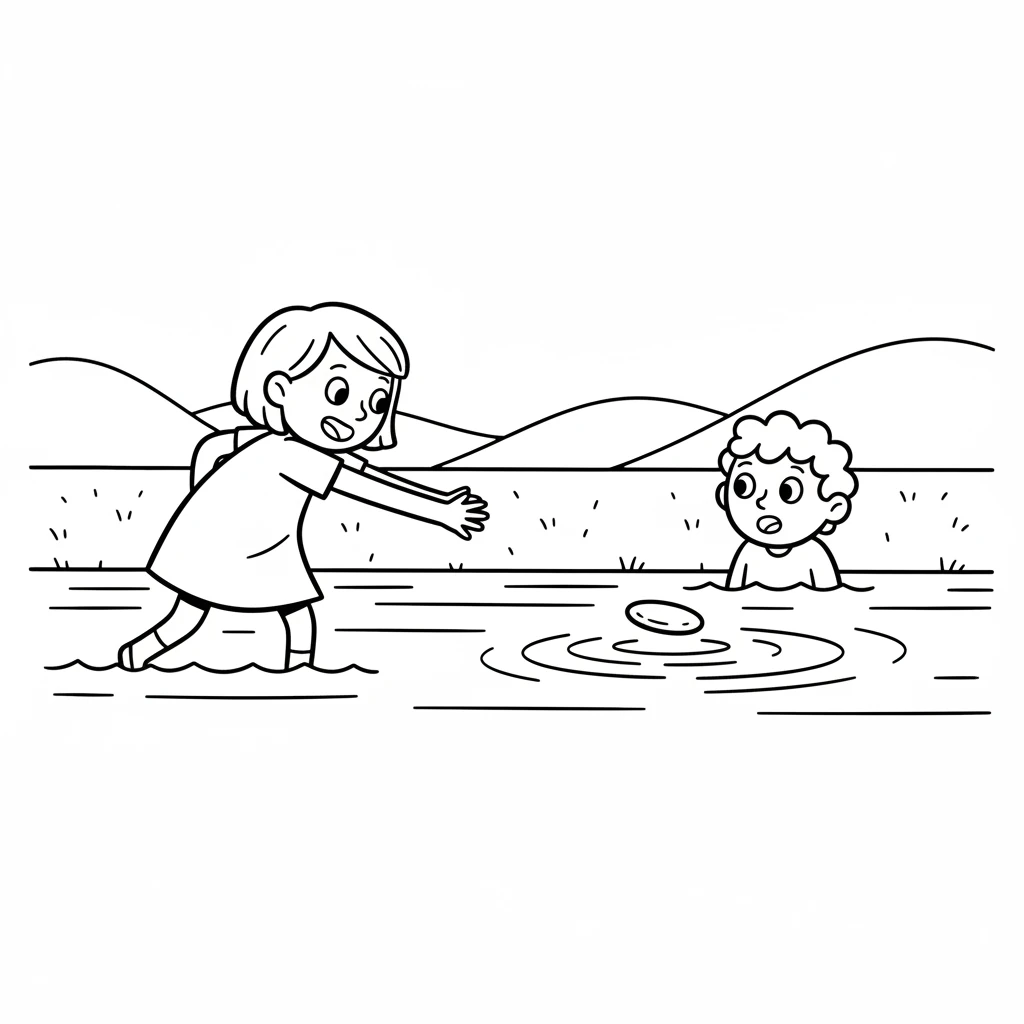 Pip finds a perfectly smooth, flat stone. Pip confidently skips it across the water, making a few happy ripples that dance across the stream's surface, catching Barnaby's eye.