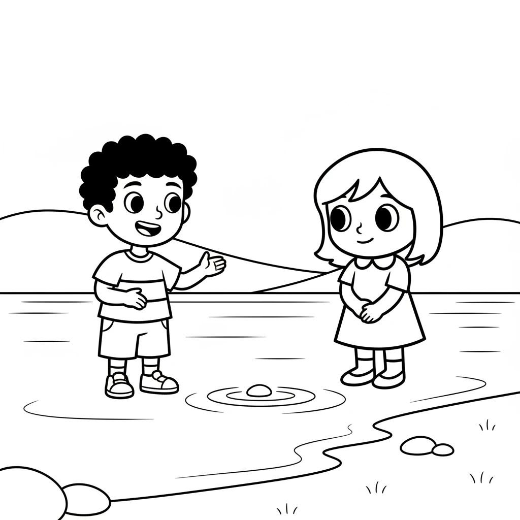 Barnaby watches the skipping stone, a tiny spark of interest in their eyes. Pip encourages them with a cheerful nod, inviting Barnaby to try too. A small, hopeful smile begins to form.