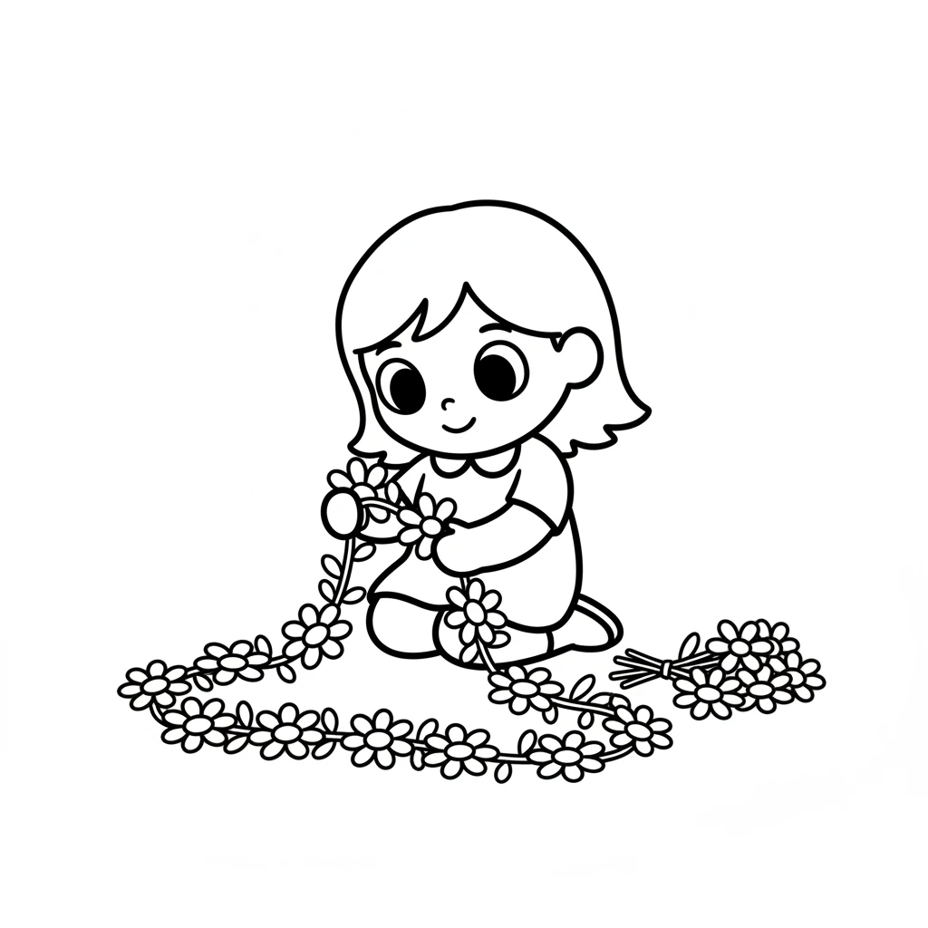 Pip then gathers a few vibrant wildflowers, their petals simple circles, and gently weaves them into a daisy chain. Pip's nimble fingers work with care and joy.