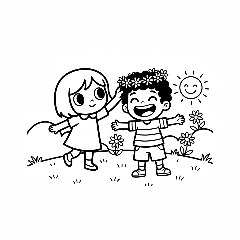 Pip gently places the beautiful daisy chain on Barnaby's head. Barnaby lets out a big, happy laugh, feeling much lighter and cheered by the pretty flowers and Pip's kindness.