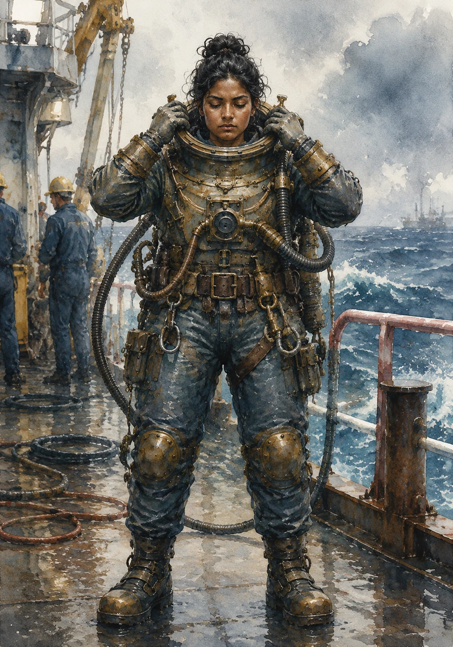 Years later, Athulya stands on the deck of a massive vessel, wearing a heavy, metallic commercial diving suit that weighs more than she does. She adjusts her helmet, taking a deep, steadying breath as she prepares to plunge into the unforgiving open ocean. She is no longer just a dreamer; she is now India’s first and only female commercial diver, ready to conquer the deep.