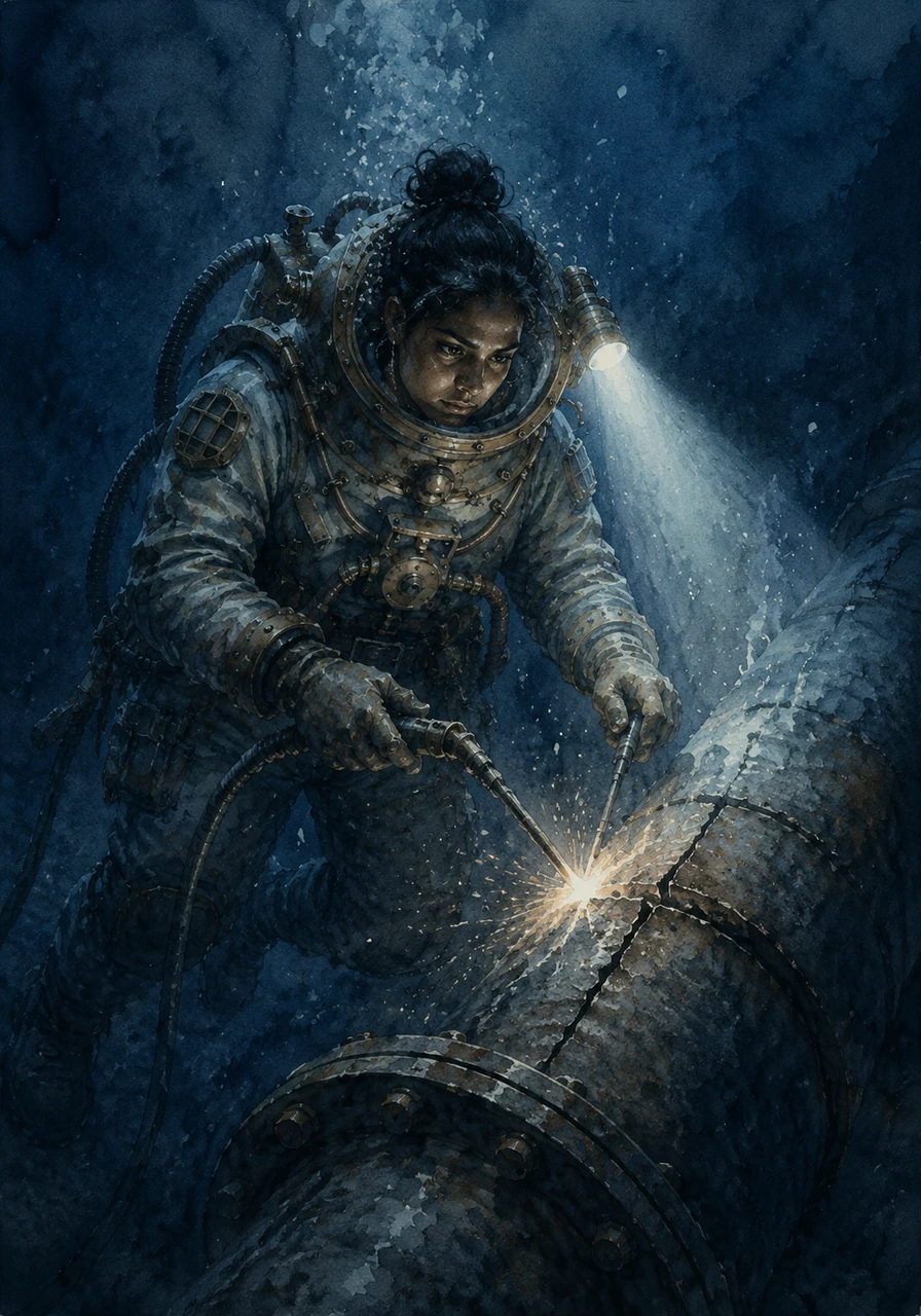 Sinking into the dark, cold abyss, Athulya enters a world of absolute silence where the sun's rays completely fade away. Guided only by the bright beam of her flashlight, she carefully navigates through the murky water toward a massive, cracked pipeline. With heavy tools in hand, she begins the dangerous task of underwater welding, ensuring that fuel and energy continue to reach millions of homes far above.