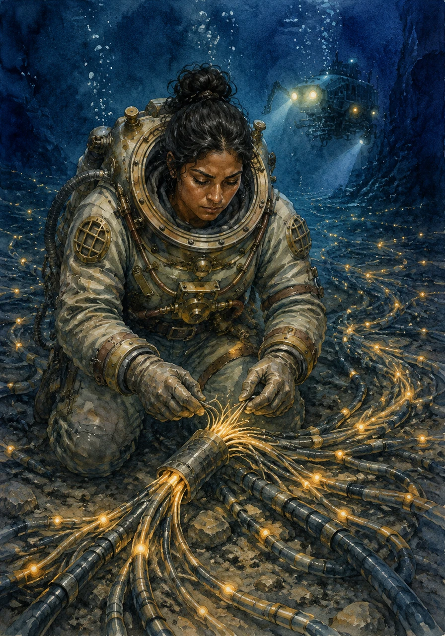 Deep on the ocean floor, Athulya works meticulously amidst a complex web of glowing fiber-optic internet cables that connect continents. Around her, the immense pressure of the deep sea tests her strength, but her hands remain steady and precise. She knows that a single mistake could disrupt the digital heartbeat of the entire world, and she embraces the heavy responsibility.