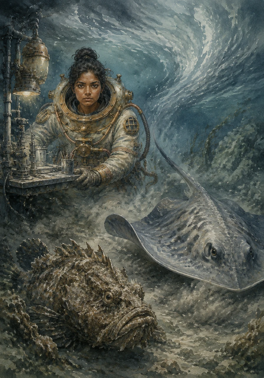 Suddenly, a powerful undercurrent sweeps across the ocean floor, threatening to tear Athulya away from her workstation. Out of the shadows, a venomous stonefish and a massive stingray glide past, their presence a stark reminder of the ocean's hidden dangers. Staying perfectly still and breathing calmly, she honors her golden rule: to never disturb the sea creatures, but to coexist as one of them.