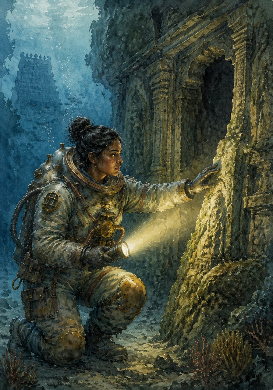 On a special mission near Thiruvananthapuram, Athulya explores the mysterious waters behind the ancient Padmanabhaswamy Temple. Her flashlight illuminates strange, monumental stone structures that look like forgotten cave entrances carved into the seabed. She touches the ancient, moss-covered stone, realizing she is gazing at a sacred history that human eyes have not seen for centuries.