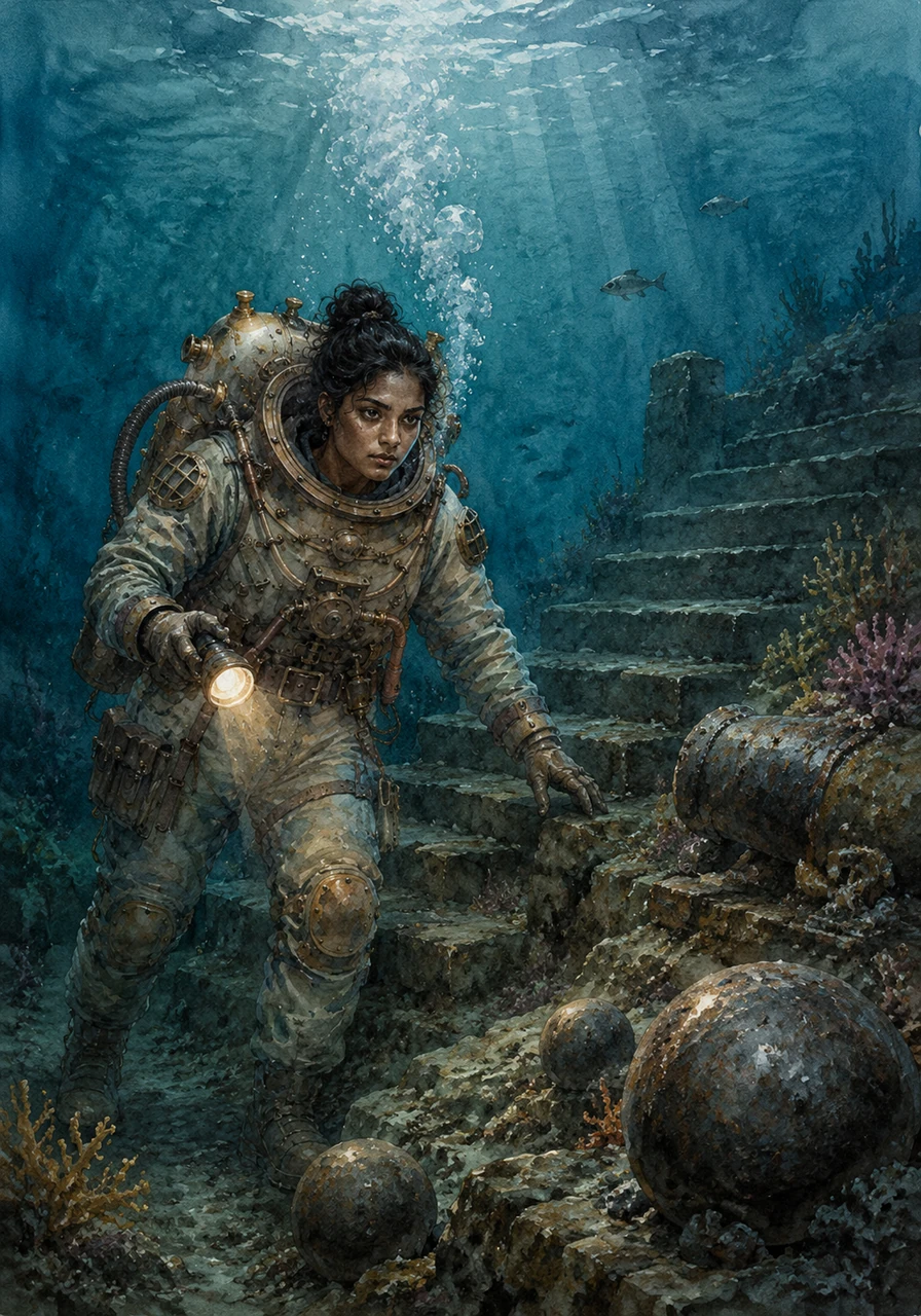 Sailing further north to the historic shores of Kozhikode, Athulya dives into a treacherous strait rumored to hold the secrets of legendary naval chieftains. Creeping through the shadows of the underwater reefs, she discovers ancient stone steps swallowed by the sea. Nearby, old iron cannonballs lie embedded in the rock formations, preserving the silent echoes of ancient battles.