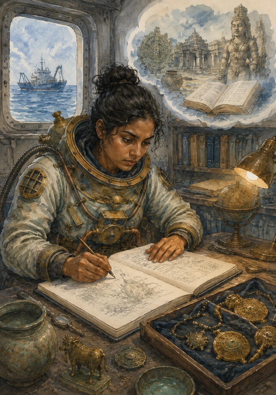 Back on the research vessel, Athulya passionately sketches the coordinates and details of her historical findings into her journal. She dreams of the day these underwater treasures will be officially recorded in history books for the world to see. Her mission is not just to maintain the modern world, but to rescue the forgotten stories of her ancestors from the deep.