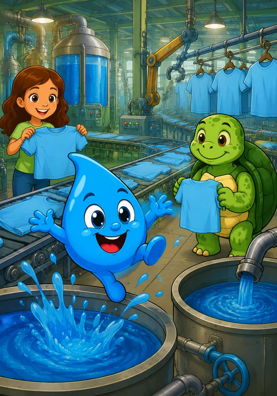 In a vast and noisy clothing factory, a bright blue drop of dye named Azulín lived among the machines. His job was to color shirts the shade of a summer sky, but he was far too energetic to stay in one place for long.