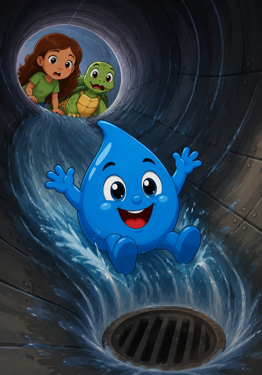 While the heavy machines were rinsing the fabrics, Azulín lost his footing and began to slide. He cheered as he zoomed down a dark, winding tube, unaware that he was heading straight for the factory's drain.
