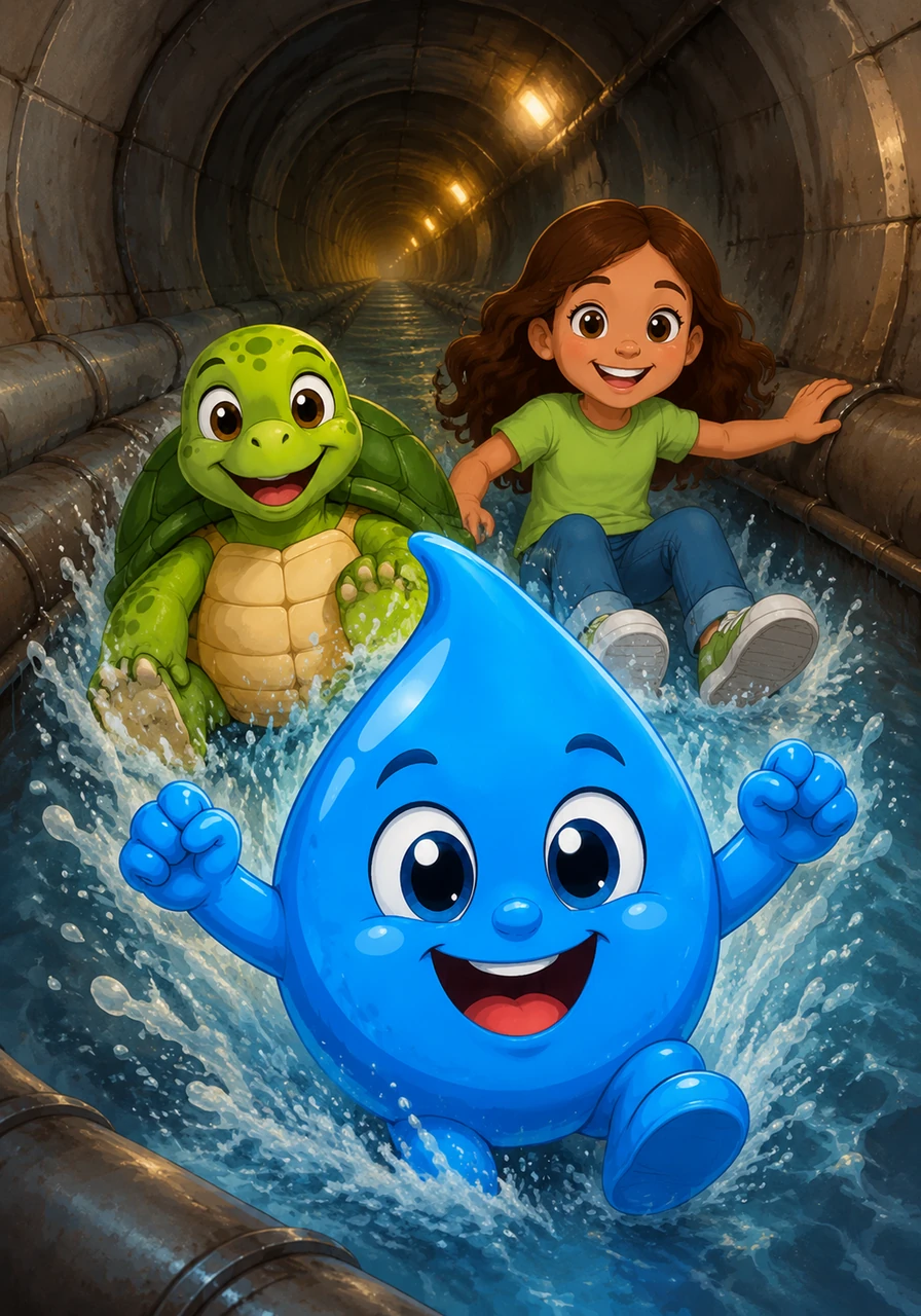The trip through the underground pipes was long and bumpy, but Azulín’s vibrant color never faded. He realized he was a special kind of droplet with a blue so strong it felt like he had superhero powers.