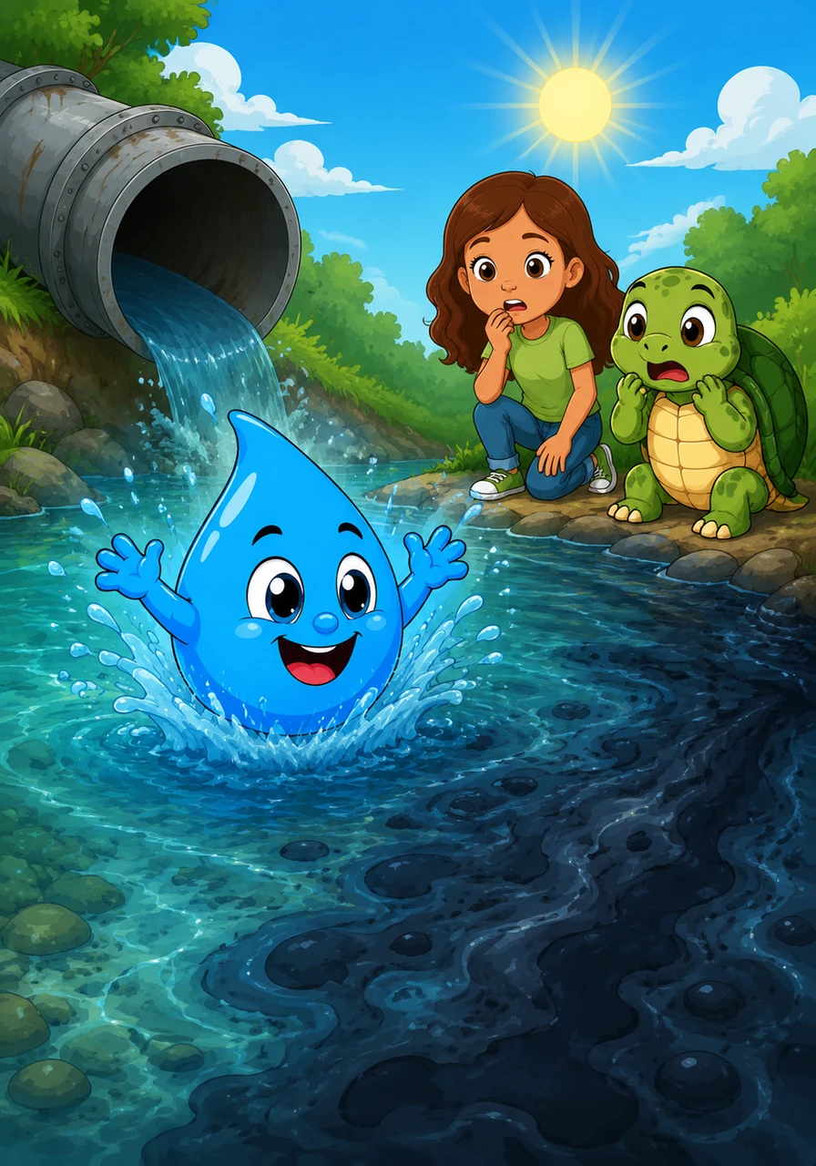 Azulín tumbled out of the pipe and landed in a crystal-clear river with a satisfying splash. He was delighted to see the sun again, but as he splashed around, the clear water began to turn a deep, murky blue.