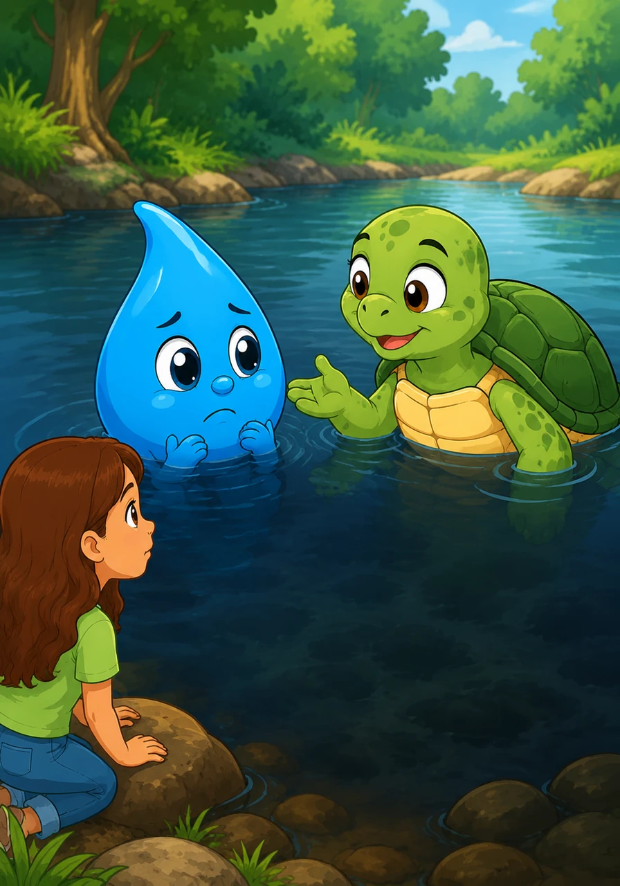 A kind turtle named Turu swam over to investigate the sudden change in the water. With a gentle smile, she told Azulín that while his color was beautiful, it was making the water too dark for her to see the riverbed.