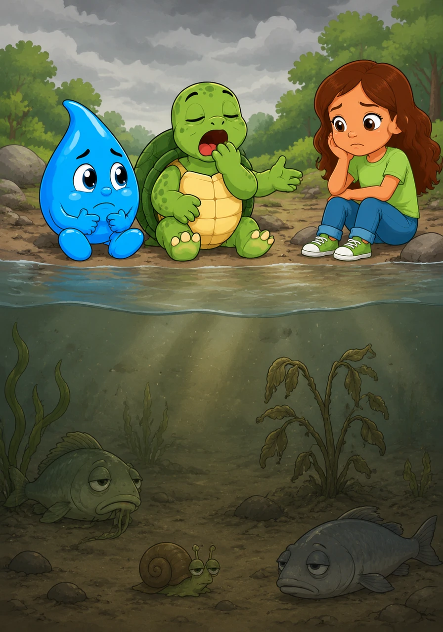 Turu explained that when the water loses its clarity, the sunlight can no longer reach the underwater world. She yawned and mentioned that without the sun's energy, the plants stay asleep and the river animals feel very sluggish.