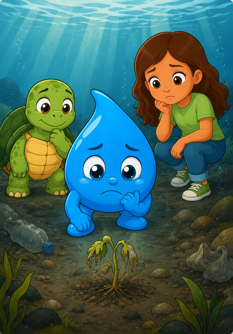 Azulín noticed a small, wilting plant at the bottom of the river that looked very sad without its daily sunlight. He realized that his presence was hurting the environment, and he wished he could find a way to be a true hero instead.