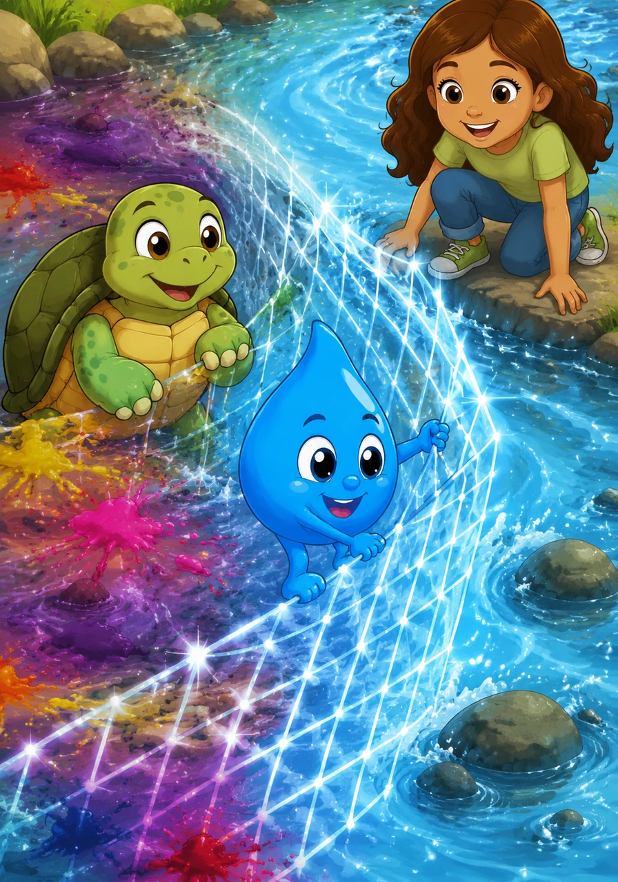 A shimmering, magical net appeared in the current, which was a special filter designed to catch roaming dyes. Azulín realized this was his chance to help, so he clung to the mesh and let the clean water flow past him.