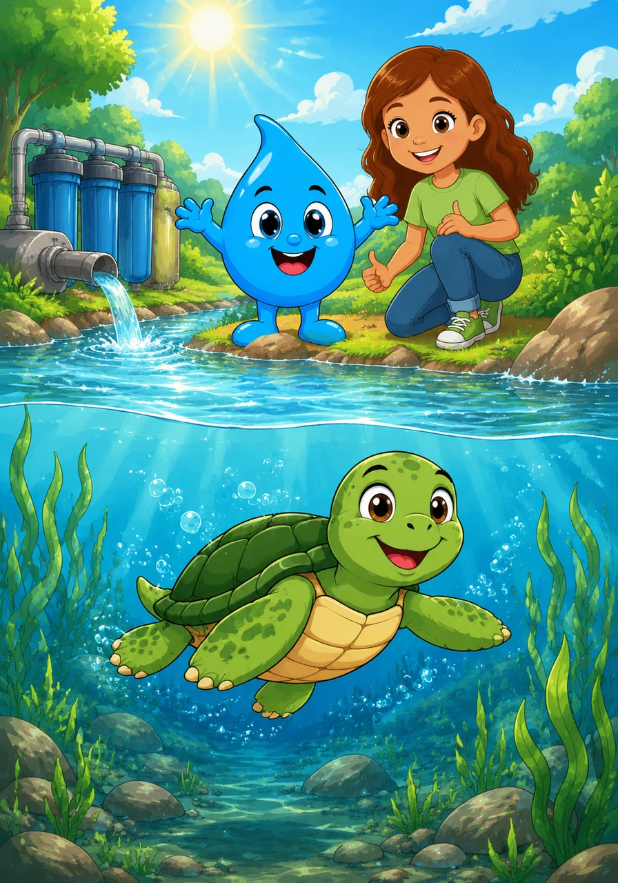 Because of the clever filters and the help of children like Elena, the river returned to its sparkling, clear state. Turu now swims joyfully under the warm sun, while the underwater plants grow tall and vibrant in their healthy home.