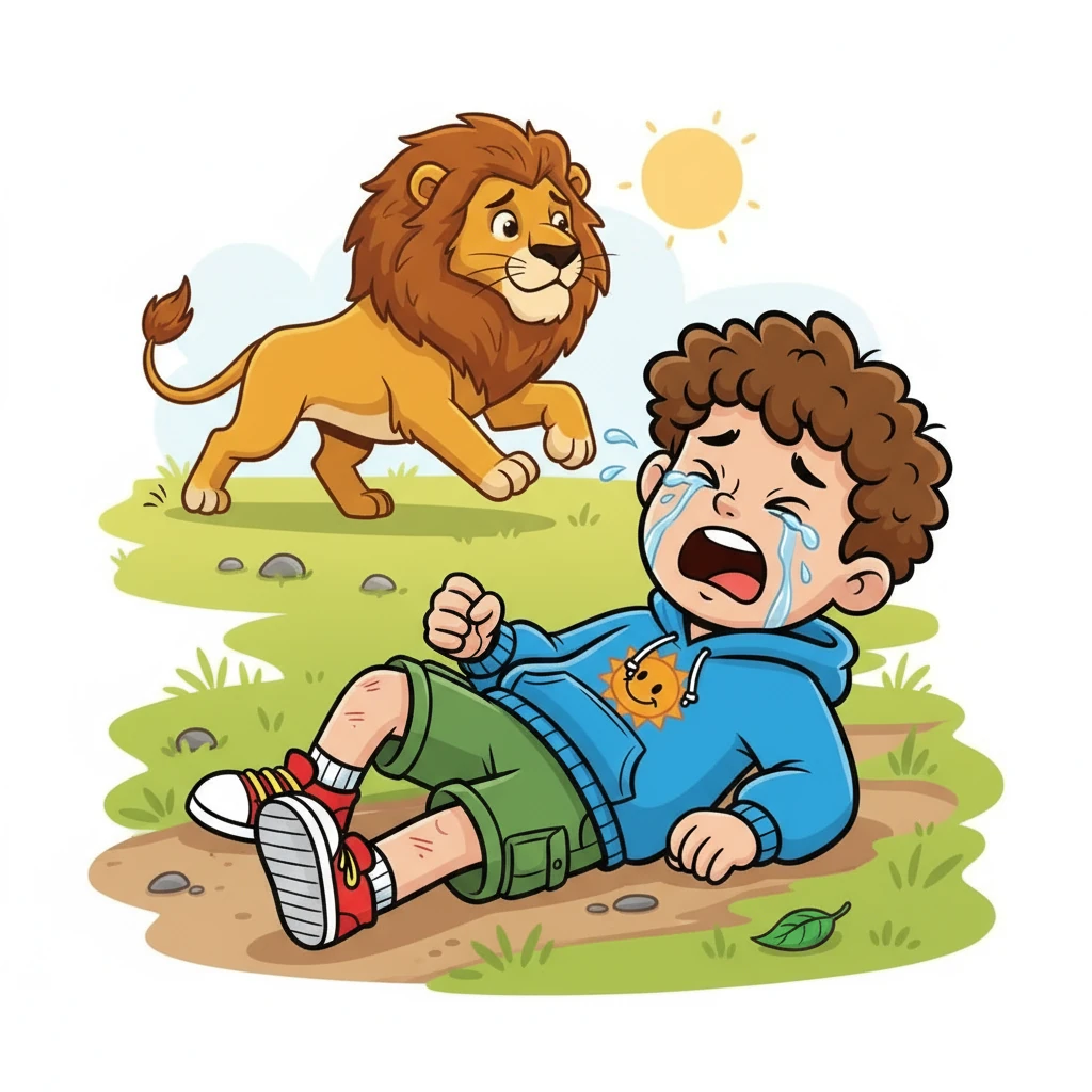 איתן רצה לרוץ מהר כמו האריה. הוא ניסה לרוץ, אבל מעד ונפל, ברכיו נשרטו. כעס על עצמו עלה בו, והוא צרח בבכי.