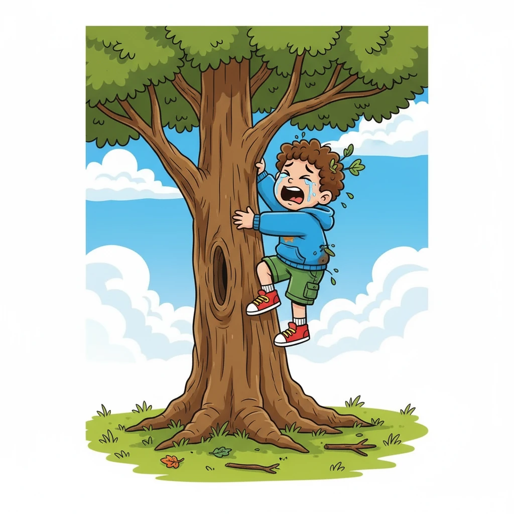 איתן ניסה לטפס על העץ הגבוה. הוא נאבק, החליק, והתעייף. הוא השתנק מבכי, הרגיש חסר אונים מול האתגר.