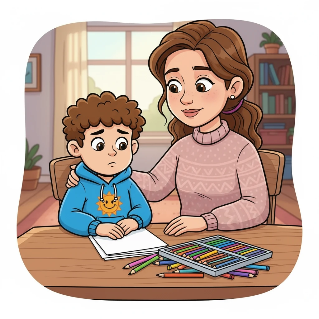 אמא של איתן אמרה: "לפעמים זה קשה, איתן, אבל זה בסדר להרגיש ככה. כל אחד מנסה, וכל אחד נכשל. מה שחשוב זה להמשיך לנסות, ללמוד מהטעויות, ולהתמודד." היא הציעה לו נייר וצבעים חדשים.