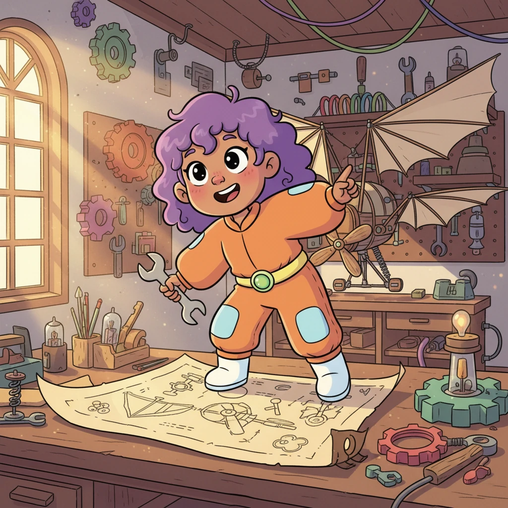 Pip's workshop is a colorful wonderland of gears, wires, and half-built contraptions. She gazes at a blueprint for a peculiar device, her eyes sparkling with an idea that just might lift her off her feet. Dust motes dance in the sunlight, but Pip's mind is focused on defying gravity.
