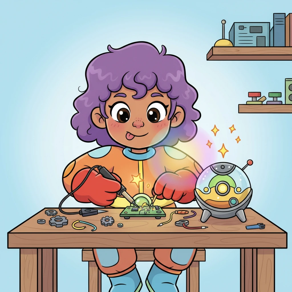 With a determined grin, Pip meticulously solders a tiny circuit, her tongue poking out in concentration. The strange, round device on her workbench begins to hum softly, emitting a faint, shimmering glow. Sparks fly playfully as she connects the final wire, a true inventor at work.