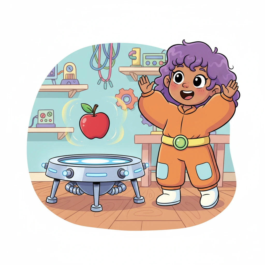 A gasp escapes Pip's lips as a small, red apple, placed carefully on the device, slowly lifts into the air. It bobs gently, completely suspended, defying all logic. Pip claps her hands in delight, her experiment a resounding success.