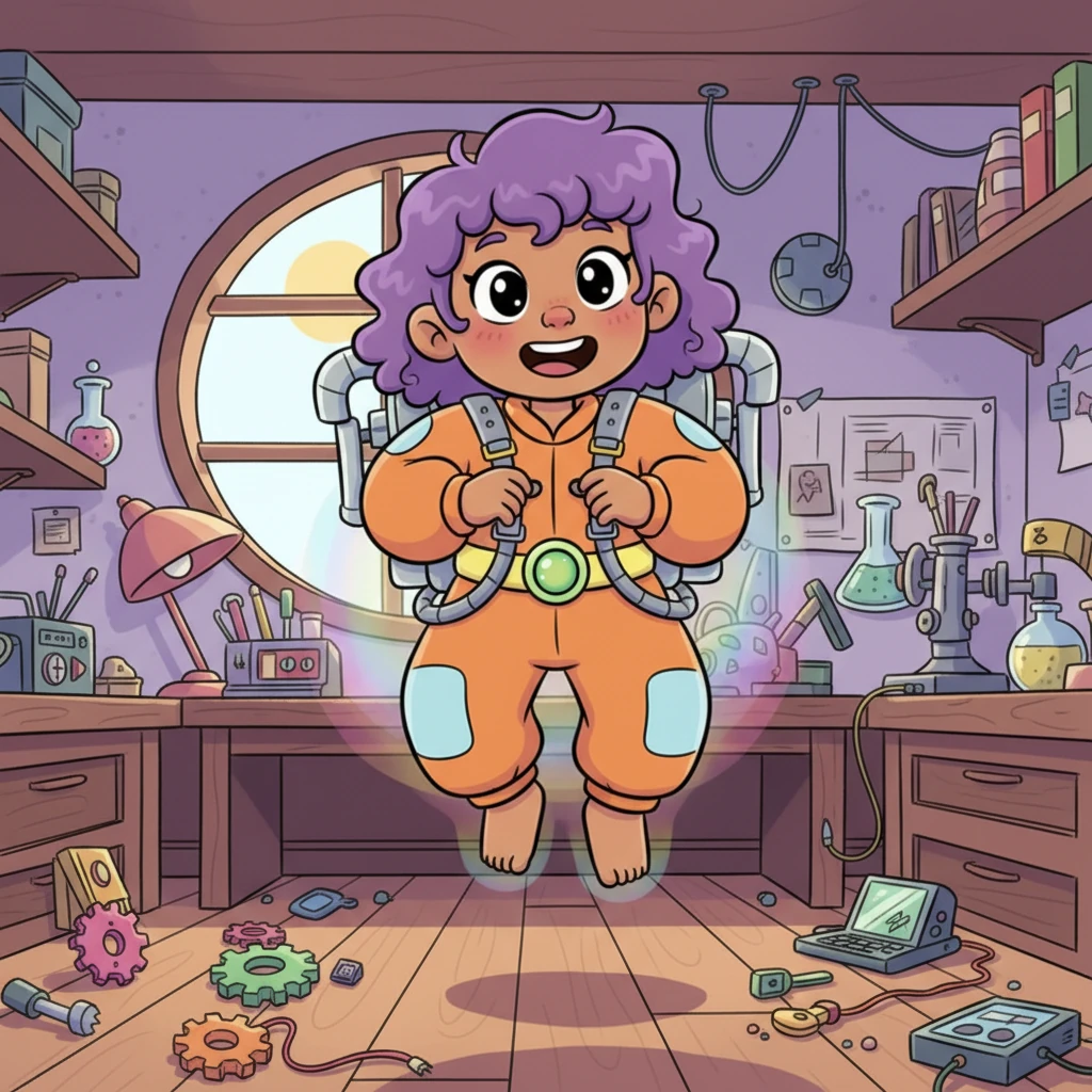 Taking a deep breath, Pip straps the antigravity device to her back, adjusting the buckles with a nervous excitement. With a soft whir, her feet slowly rise from the ground. She wiggles her fingers and toes, floating just inches above her workshop floor, a wide smile spreading across her face.