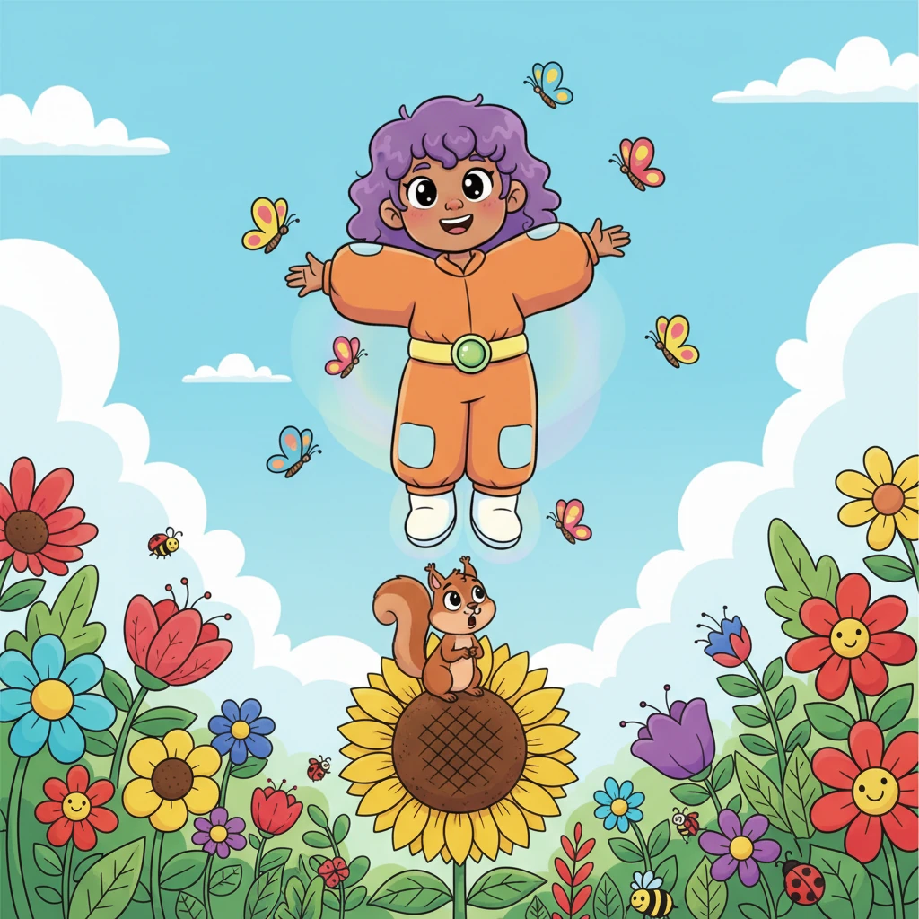 Adventures beckon outside, and Pip floats above her vibrant garden, waving to a startled squirrel perched on a sunflower. The world looks entirely new from this elevated perspective. Butterflies flutter around her, curious about the girl who can fly.