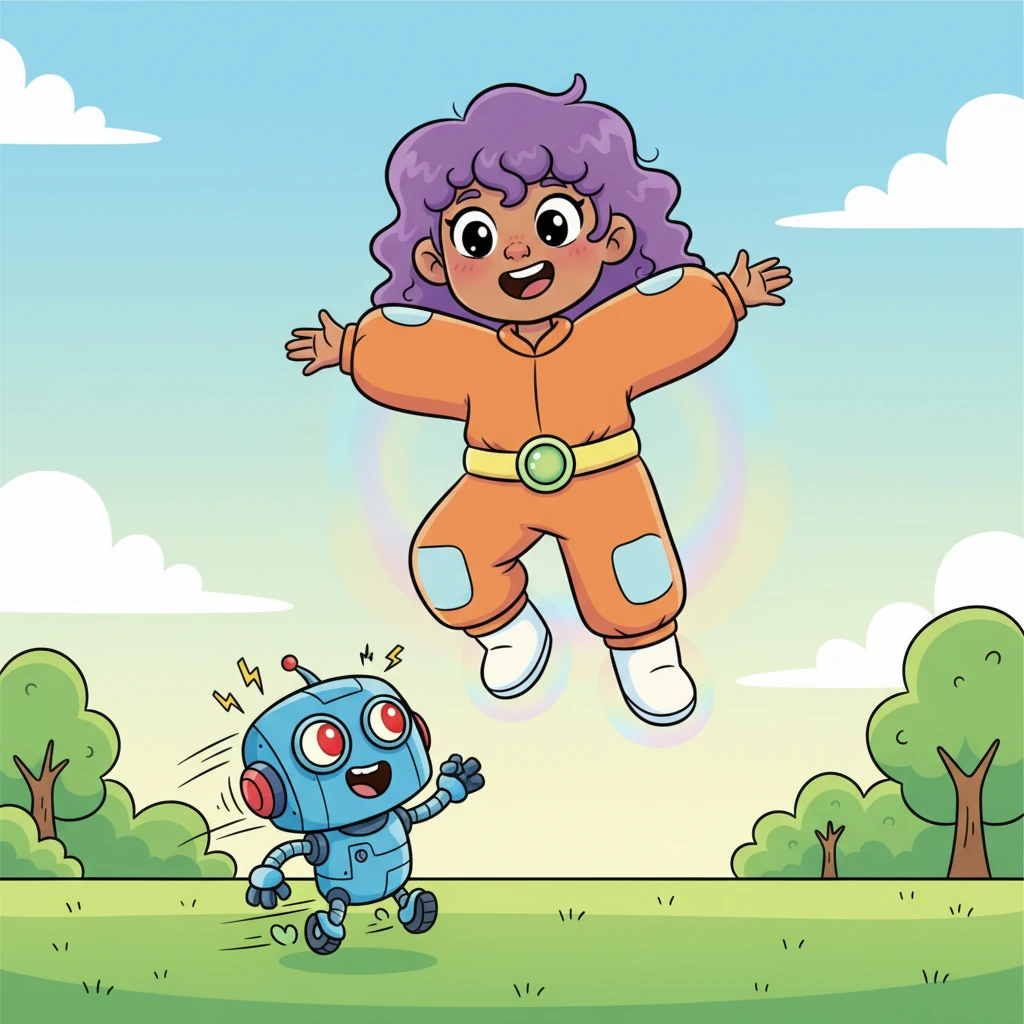 Pip shares her incredible invention with her best friend, a mischievous little robot named Bolt, who zips excitedly around her. Bolt's optical sensors widen in amazement as Pip demonstrates her antigravity powers. They exchange a look of shared wonder and excitement for future escapades.