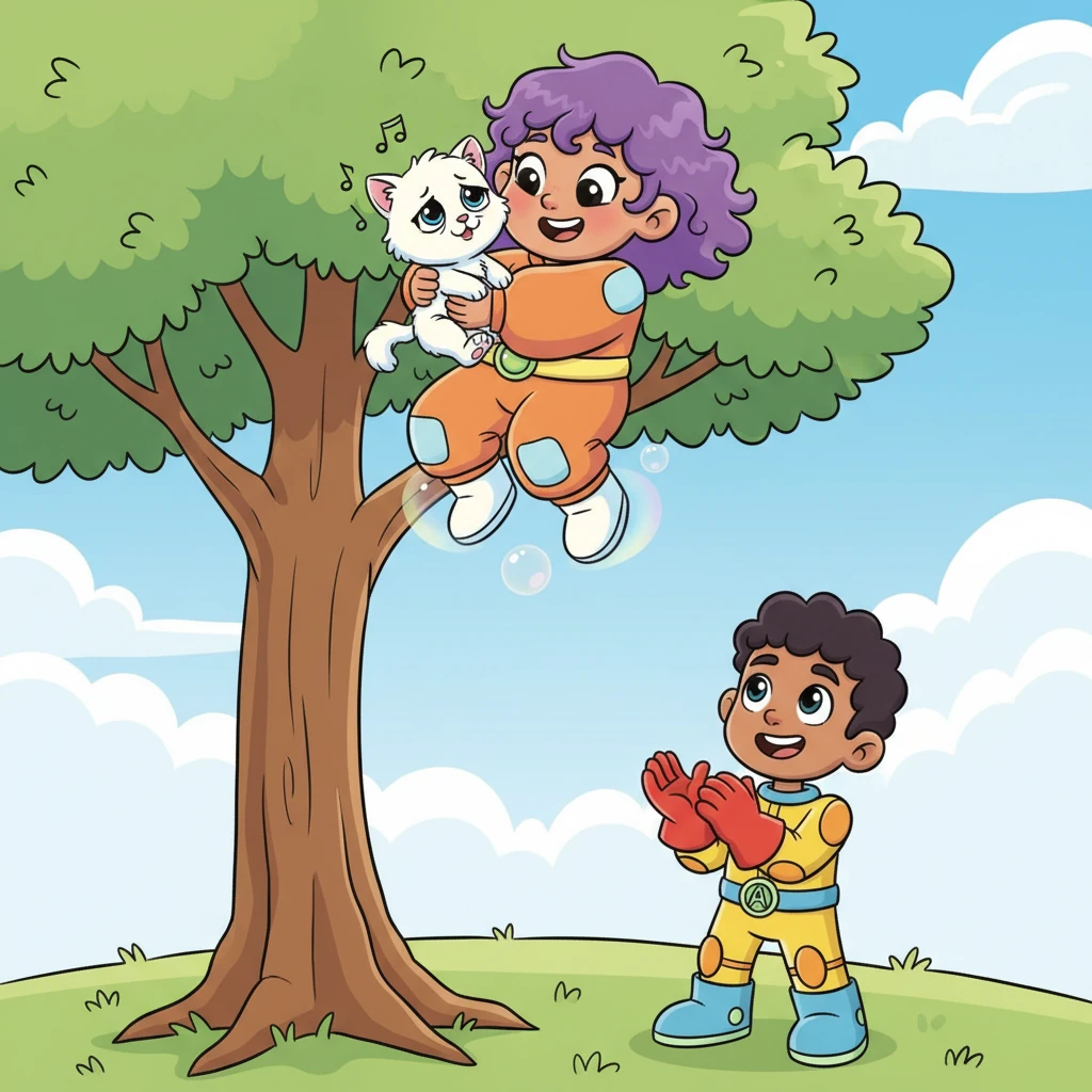 A fluffy kitten is stuck high in a tree, meowing sadly, but Pip soars up effortlessly to rescue it. She gently scoops the purring furball into her arms, bringing it safely back to the ground. Doing good deeds with antigravity is even more fun than she imagined.