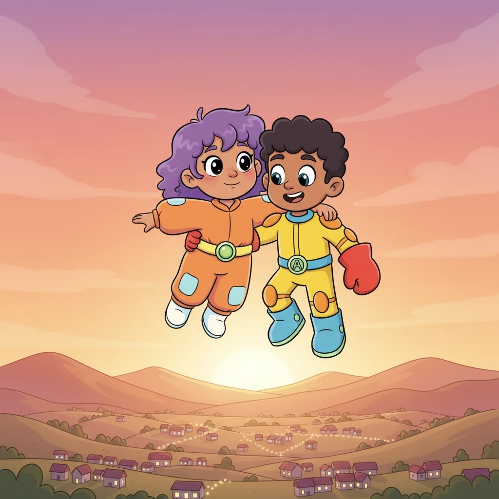 As the sun dips below the horizon, painting the sky in shades of orange and pink, Pip and Bolt float high above the town. They watch the twinkling lights appear below, their hearts full of the day's magical adventures. It's a perfect moment of friendship and wonder.