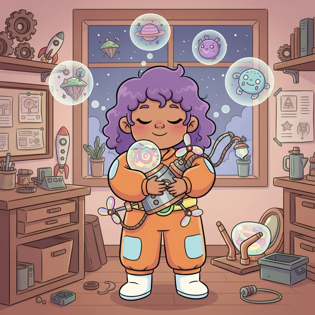 Back in her cozy workshop, Pip gently hugs her antigravity device, a faithful companion. She closes her eyes, dreaming of all the places she'll explore and the new discoveries she'll make tomorrow. Her journey of invention and flight has only just begun.