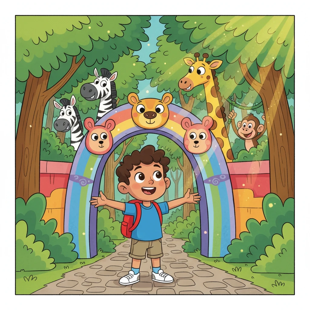 Leo, a cheerful boy with a bright red backpack, stands excitedly at the colorful entrance of a bustling zoo. Playful cartoon animals peek out from behind vibrant green trees. Sunlight streams down, making everything sparkle with a sense of wonder.