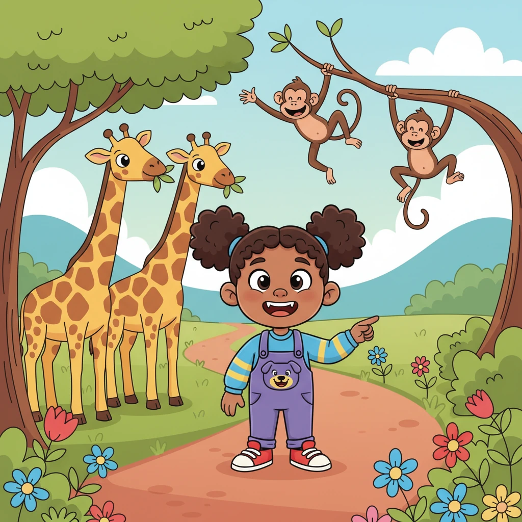 Leo walks along a winding path, his eyes wide with curiosity, past friendly giraffes munching leaves and silly monkeys swinging from branches. Each animal is drawn with exaggerated, happy features. The path is lined with bright flowers.