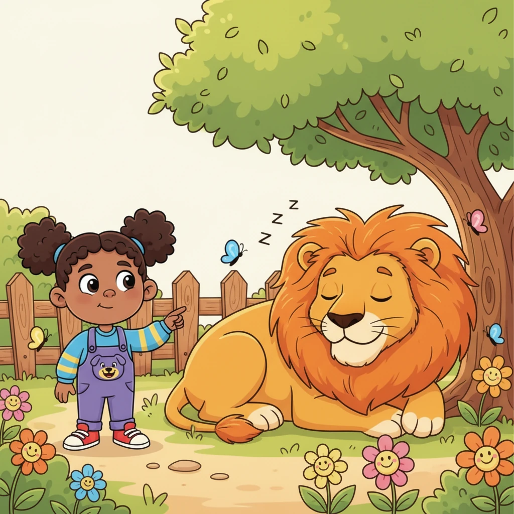 He stops in front of a sunny enclosure where a magnificent, gentle lion with a fluffy mane is napping peacefully under a tree. The lion has a soft, content smile on its face, looking completely calm and friendly. Butterflies flutter around the colorful flowers nearby.
