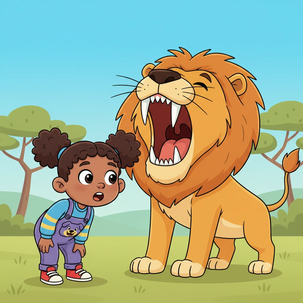 Suddenly, the lion stretches and lets out a big, cartoonish yawn, opening its mouth wide to reveal long, pointed teeth. Leo leans in slightly, his eyes sparkling with surprise and a touch of wonder at the sight. The yawn is exaggerated but not scary.