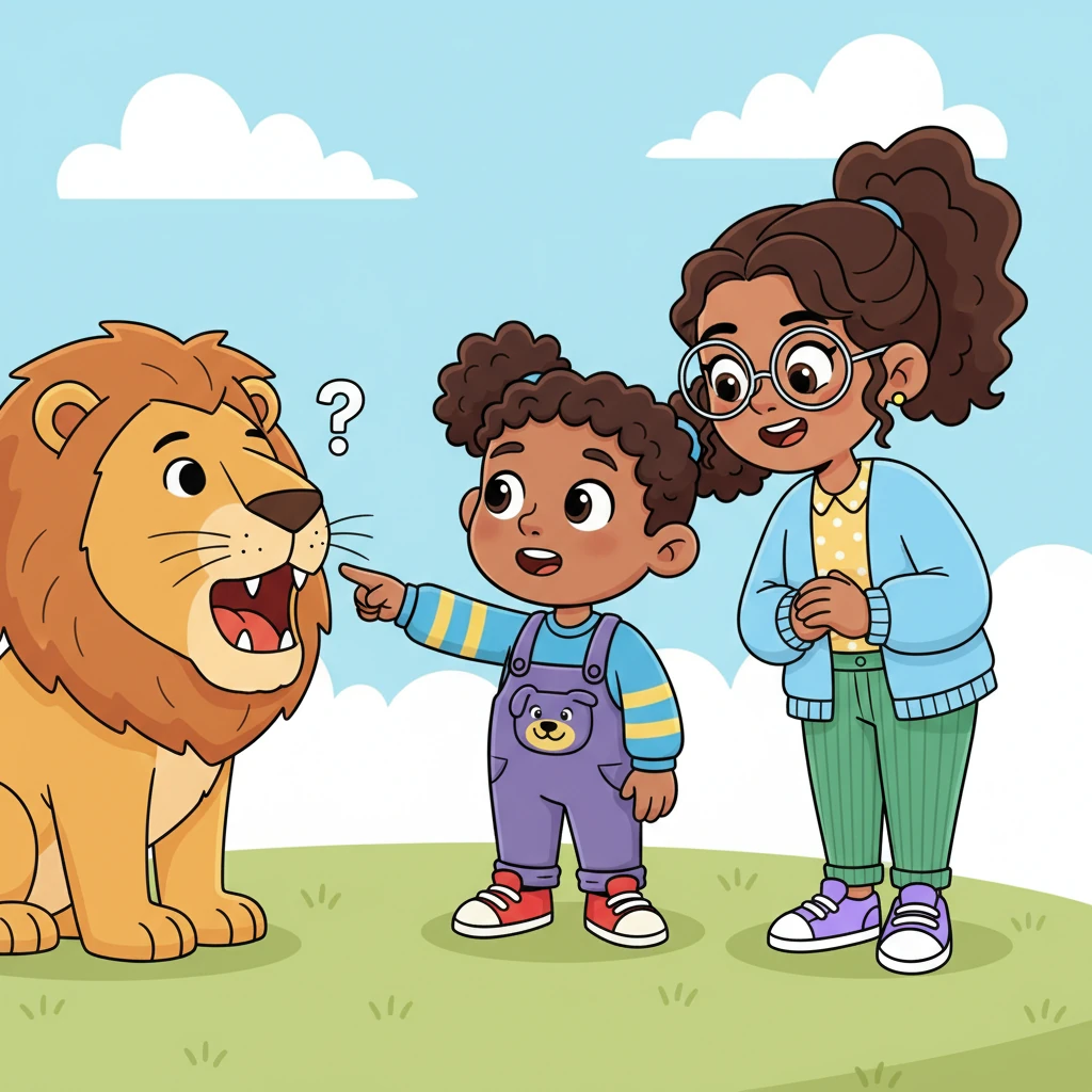 Leo turns to his kind teacher, Ms. Lily, who has a warm smile and sparkly glasses. He points towards the lion's mouth with a questioning look on his face. Ms. Lily listens patiently, her expression encouraging.