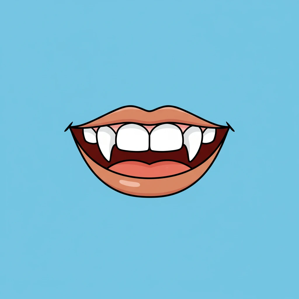A close-up illustration shows a simplified, friendly human mouth, with the two pointed canine teeth clearly highlighted next to the flatter front teeth. They look strong and slightly longer than the incisors. The background is a soft, educational blue.