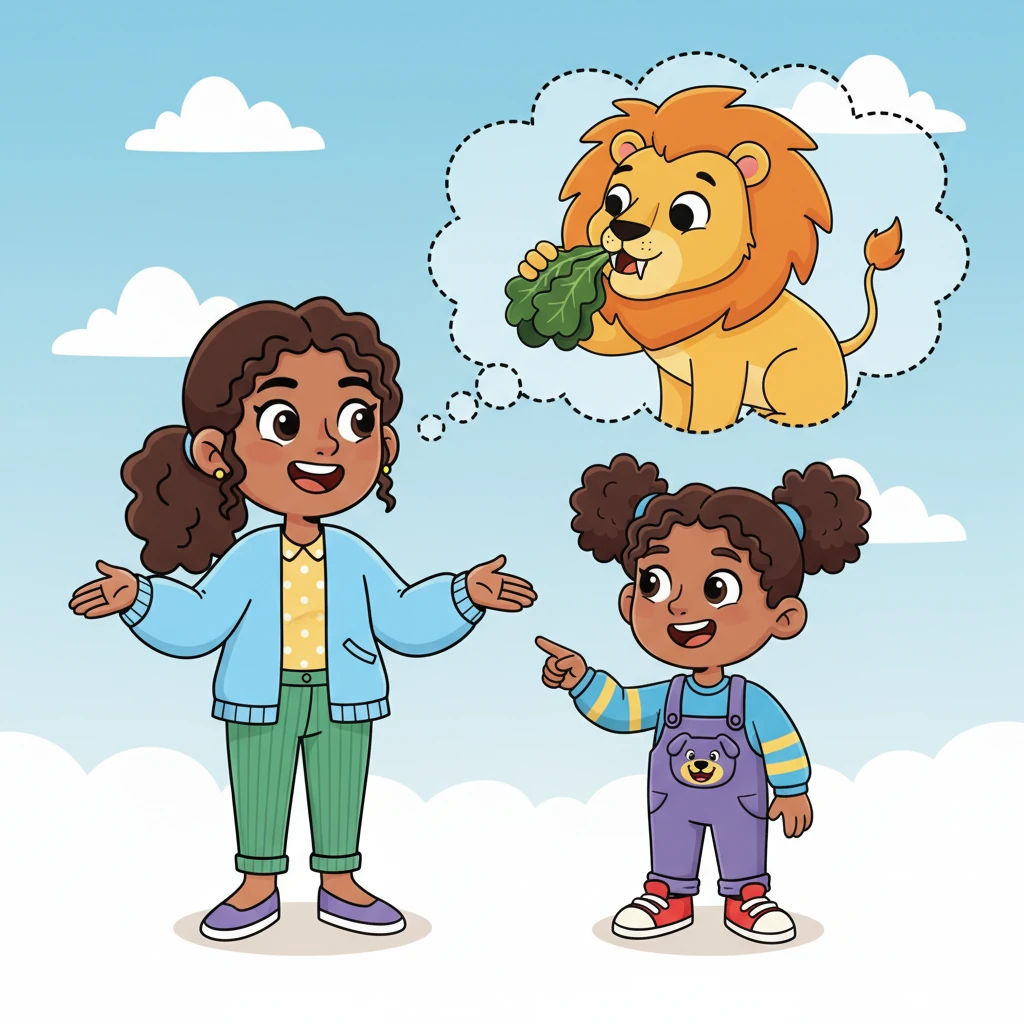Ms. Lily explains that these are called "canine teeth," and they are perfect for tearing food. An animated thought bubble appears, showing a cartoon lion gently tearing a soft, leafy green vegetable with its canines, looking happy and satisfied.