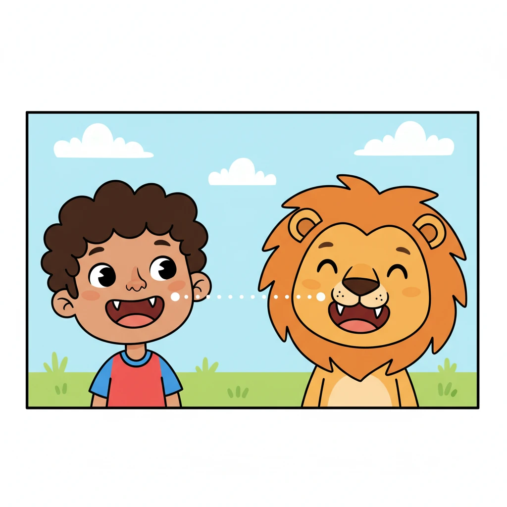 The scene shows a playful side-by-side comparison: on one side, a cartoon of Leo smiling widely, showing his own small, pointed canine teeth. On the other side, the gentle lion from before smiles, revealing its larger, yet similar, canine teeth. A dotted line connects the two sets of teeth, emphasizing their shared purpose.