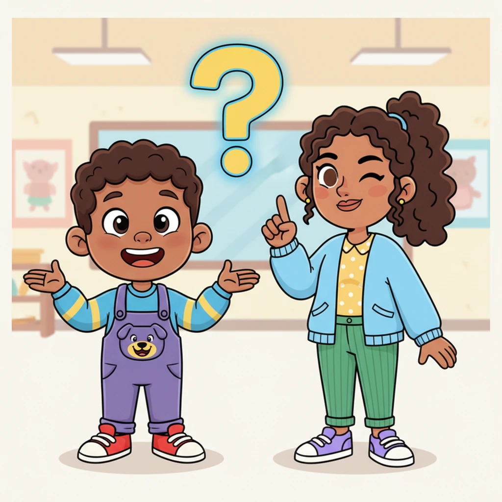 Leo beams, understanding the connection. Ms. Lily winks playfully and asks, "Isn't it amazing how our teeth help us in so many ways? What other amazing things do you think our canine teeth can do?" A bright question mark hangs in the air above Leo's head, inviting further thought.