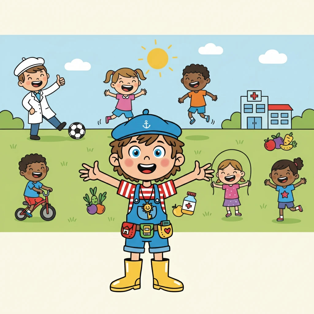 Un peu plus tard, Léo découvrit le droit à la santé, illustré par des dessins d'enfants heureux et en bonne santé. Il réalisa l'importance des soins médicaux pour tous.
